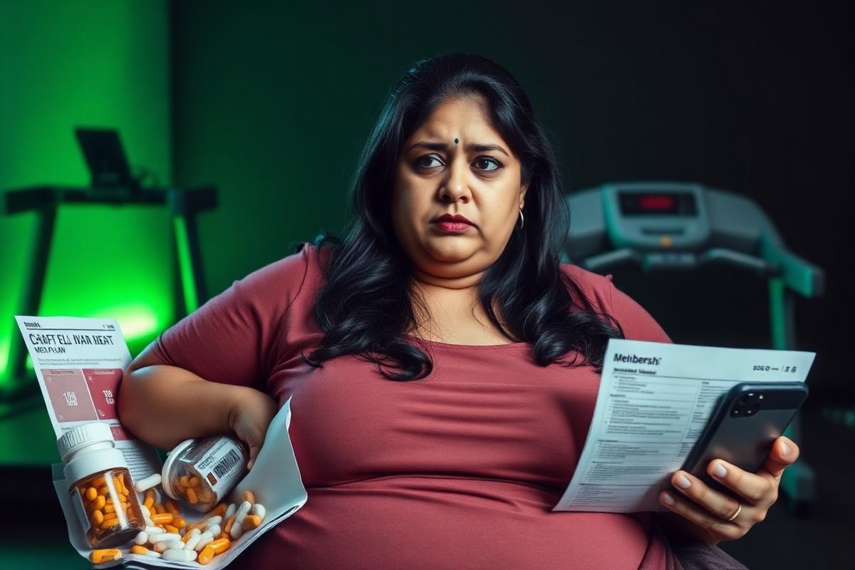 Woman surrounded by failed weight loss attempts including diet pills, meal plans and a gym membership